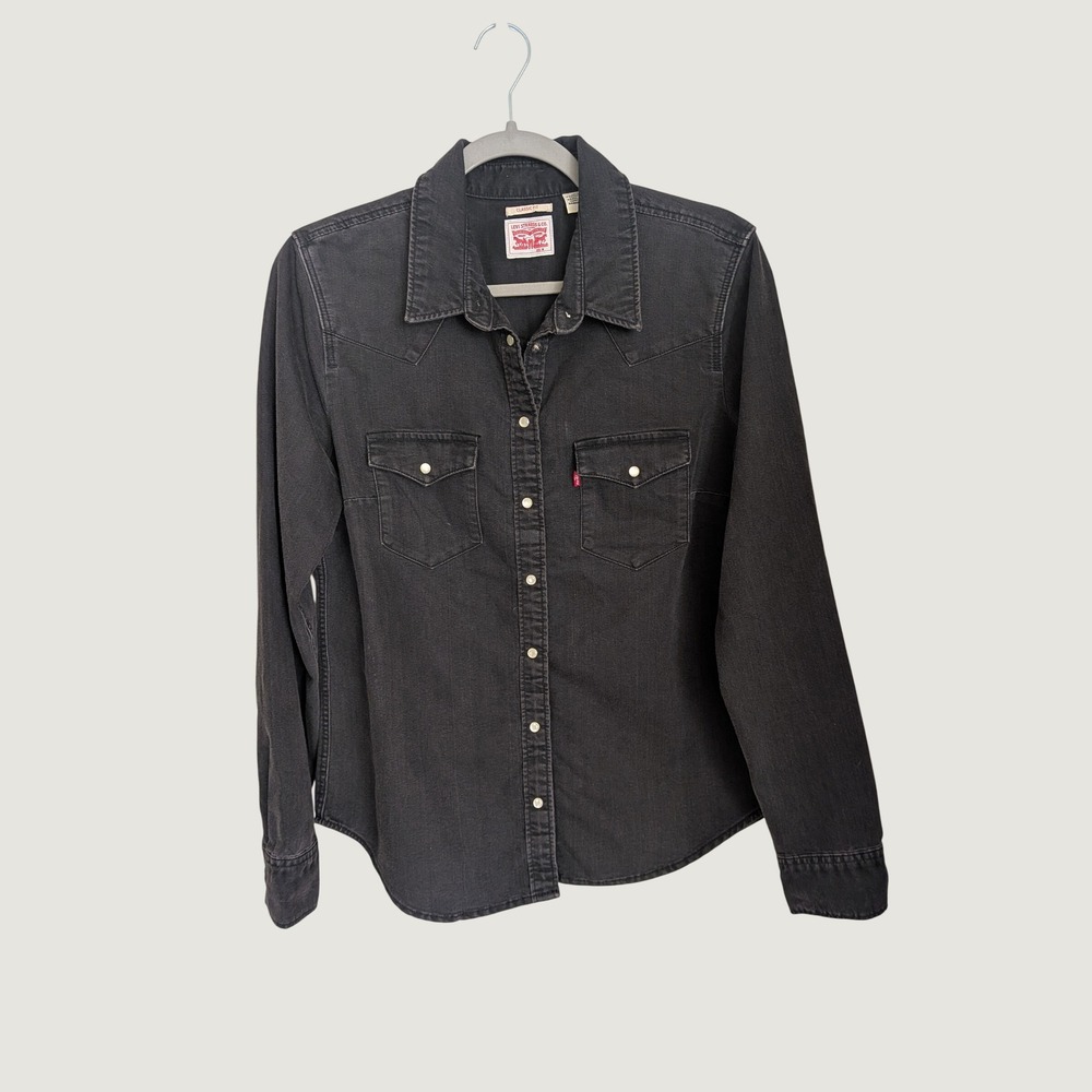 Levis Womens Fringe Western Faded Black Denim Snap Front Shirt Medium